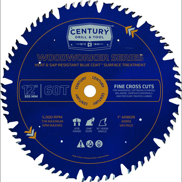 Century Drill & Tool Circular Saw Blade Pro Wood Working 12 60T 1 Arbor Fine Cross Cuts 10607